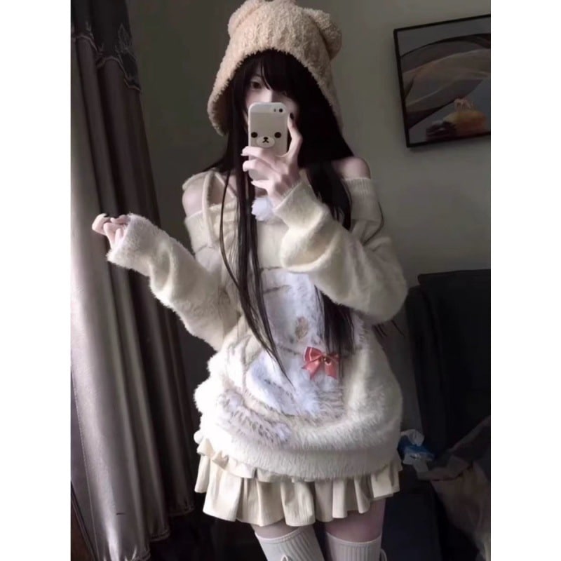 フェイクミンク ソフトセーター レディース アーリーパピープリント ワンショルダースタイル ニットセーター レイジースタイル トップス