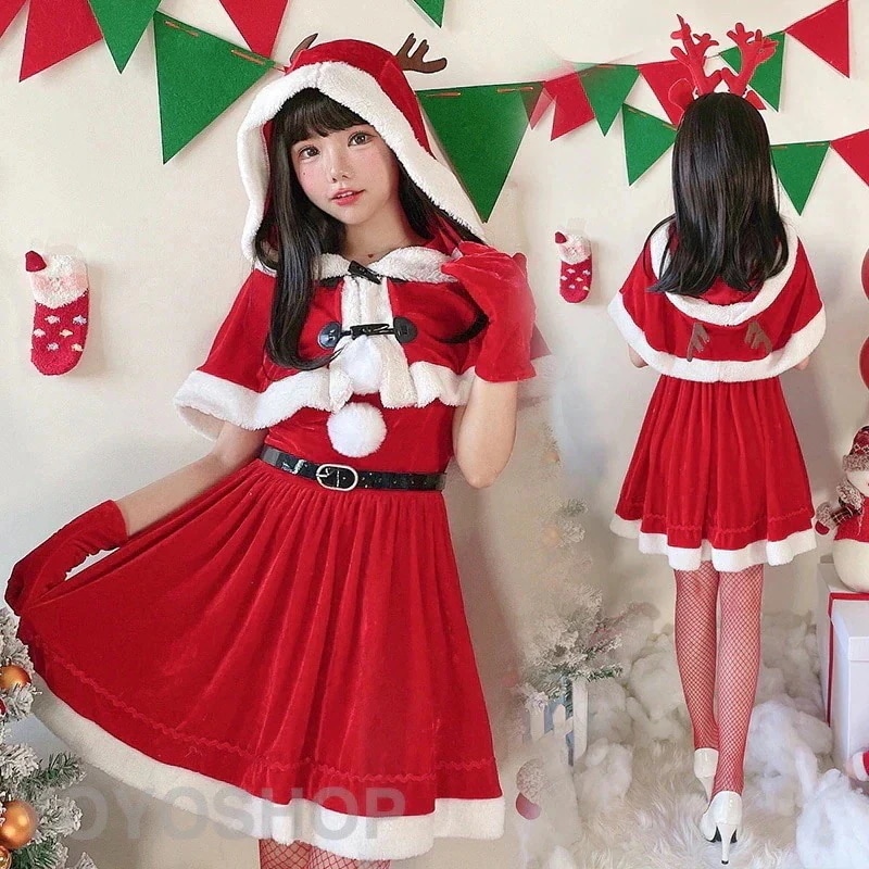 祝日おめでとうクリスマスサンタコスサンタクロースビスチェ帽子付きケープコスムサンタ衣装サンタ服コスプレレッドグリーンカーキ女性大人可愛いクリスマス衣装仮装