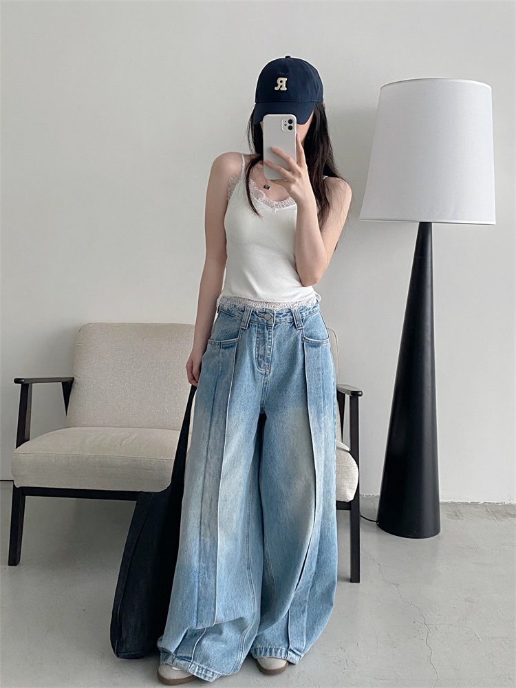 INSスタイル 2025春夏 韓国風 ルーズフィット ハイウエスト ワイドレグ デニム長パンツ