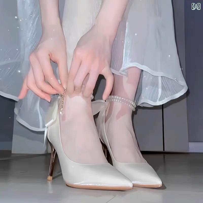 ドレス　パーティー　レディース レディース フランス製 サテン シューズは 花嫁 介 添 人や 花嫁が スカート ウェディングシューズ スティレット ヒール 成人 式用の ハイヒールに 合わせて 毎日