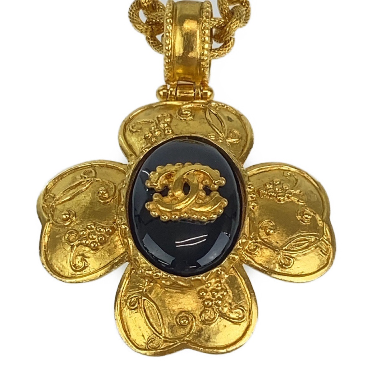 希少 美品 ヴィンテージ グリポア 天然石 ココマーク フラワー ゴールド ブラック メッキ ネックレス ペンダント レディース 402133