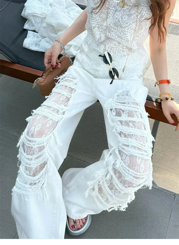 INSスタイル 2025春夏 新作 アメリカンヴィンテージ ダメージジーンズ ストレート×ワイドレッグ レースカットアウト拼接 デザイナーズパンツ ジーンズ デニムパンツ