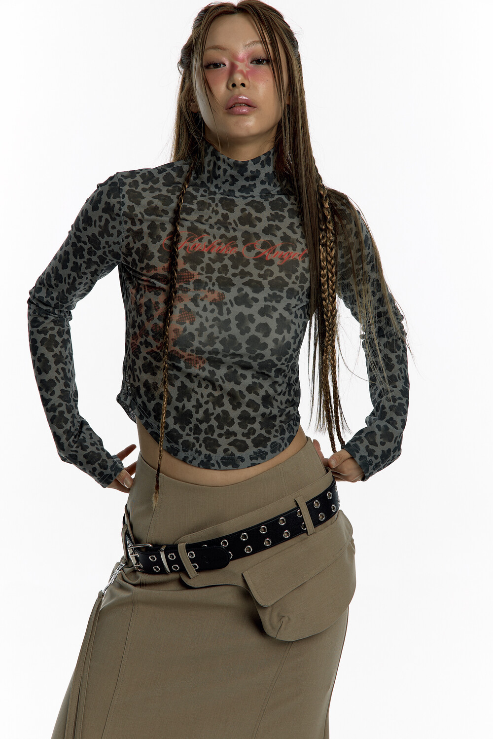【KASHIKO】 LEOPARD HIGHNECK MESH TOP
