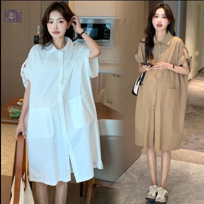 849 妊婦 2024 新作夏韓国ファッションカジュアルルーズ半袖ラペル通勤トレンディデザインドレス