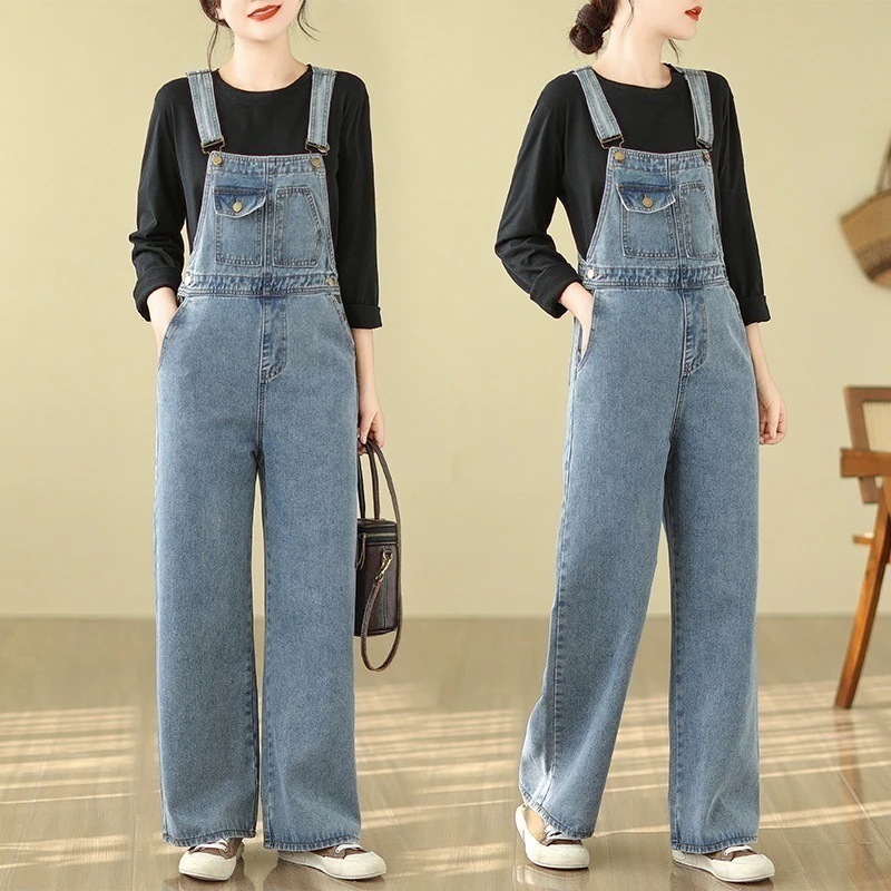 ロングパンツ オールインワンパンツ ワイドパンツ ストレート 着痩せ ハイウエスト 春秋 ゆったり レディース デニムサロペット 小柄