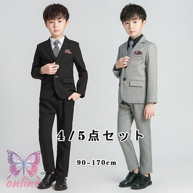 2-5日出荷 新品推奨 子供 スーツ 男の子 5点セット黒 縦縞 フォーマル キッズ 入学式 発表会 卒業式 七五三 タキシード 子ども こども 90-170cm ポイントを進呈する