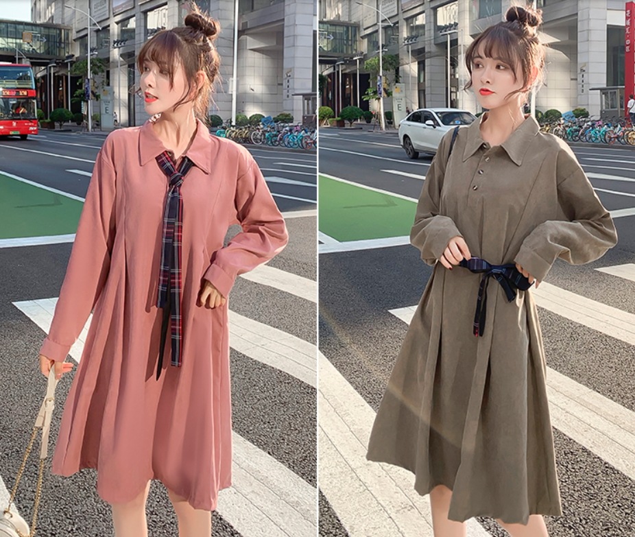 3way ワンピース 膝丈 ひざ丈 袖あり 長袖 襟付き Aライン ベルト かわいい シンプル カジュアル ガーリー 無地 チェック柄 春 秋 10代 20代 30代 レディース 女性用 お出かけ