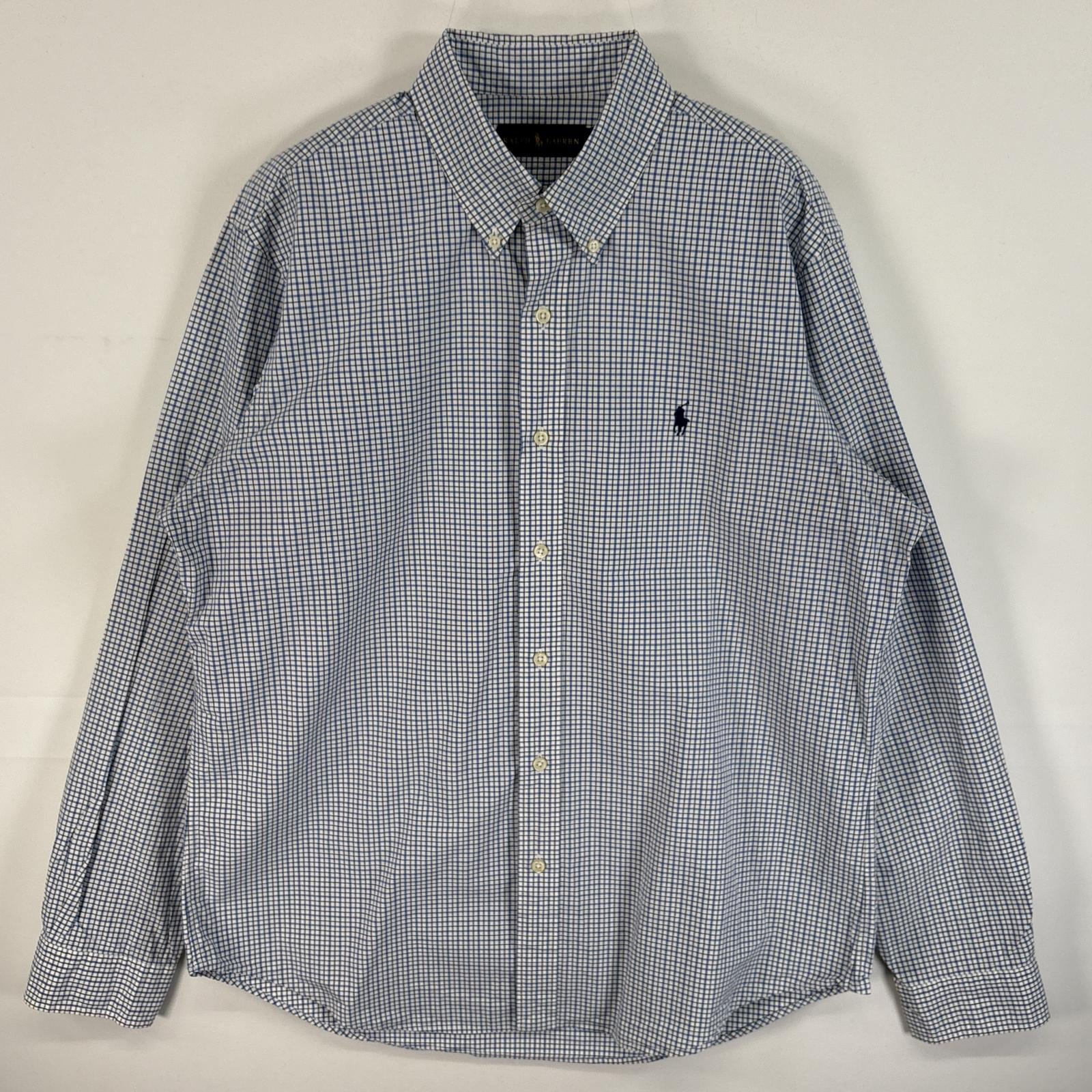 古着 長袖シャツ ボタンダウンシャツ ワンポイント ロゴ 刺繍 ボタンシャツ L ブルー系 チェック メンズ
