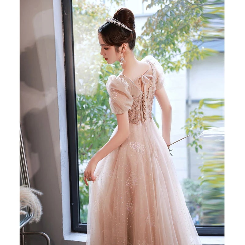 宴会気質の女性用イブニングドレスシャンパンカラーホストロングプリンセスドレス