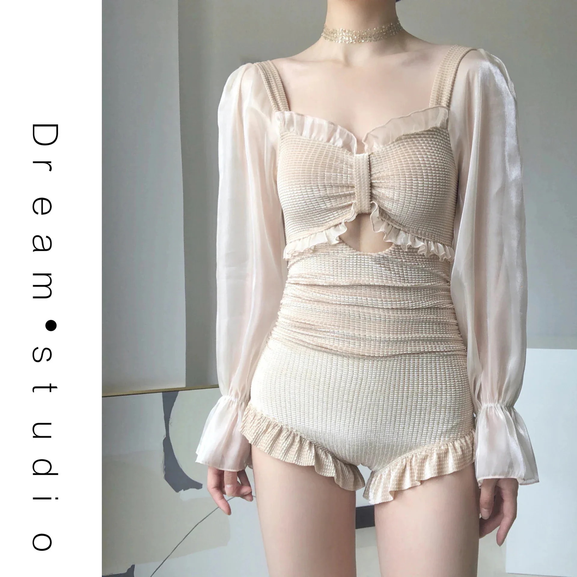 水着女性の新しい夏の保守的な妖精韓国のワンピース長袖の肌を覆う女の子の海辺の水着