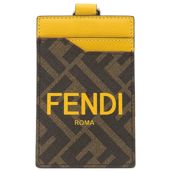 フェンディ FENDI カードケース カードホルダー レザー ブラウン×イエロー シルバー金具 茶 黄色 ズッカ柄 ネックストラップ付 7M0335【中古】