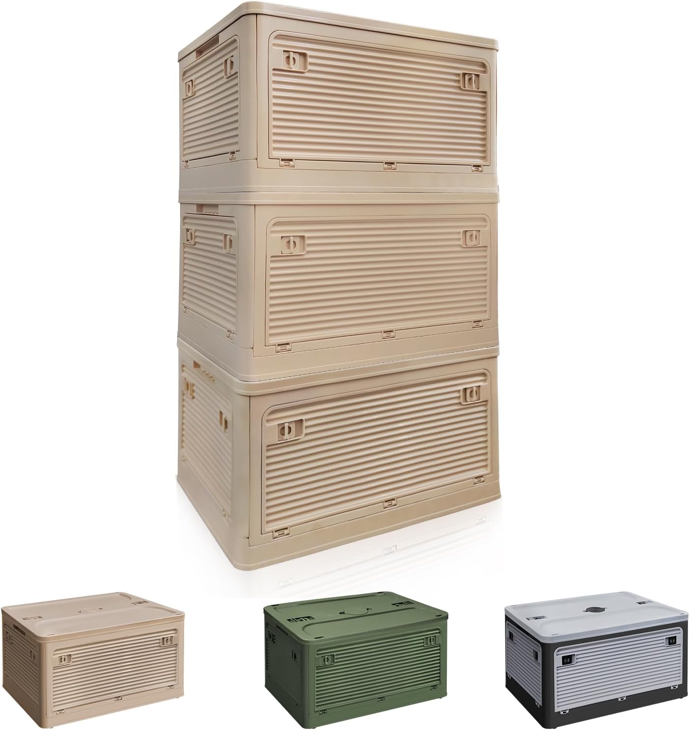 Hellozebra【新設計】収納 コンテナ ボックス「折り畳み·蓋付き·全方向から取り出せる」収納ボックス ベージュ キャンプ 28.2L*3個 宅配ボックス 大容量 防湿・防虫 収納ケース クロー