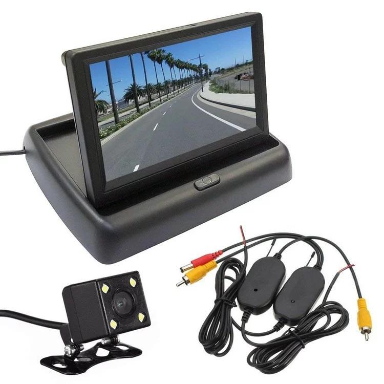 5インチフリップアップモニターとバックカメラとワイヤレス配線キットお得な3点セット 折り畳み式 正像・鏡像・ガイドライン切替 12V専用 MOT50VTM50BK800
