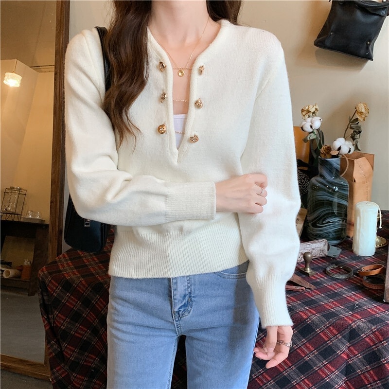 レディース 個性的 冬服 トップス ニット セーター 袖あり 長袖 ボリューム袖 萌袖 ヘンリーネック ボタン 新作入荷 インスタ映え オルチャン 韓国 暖かい 着