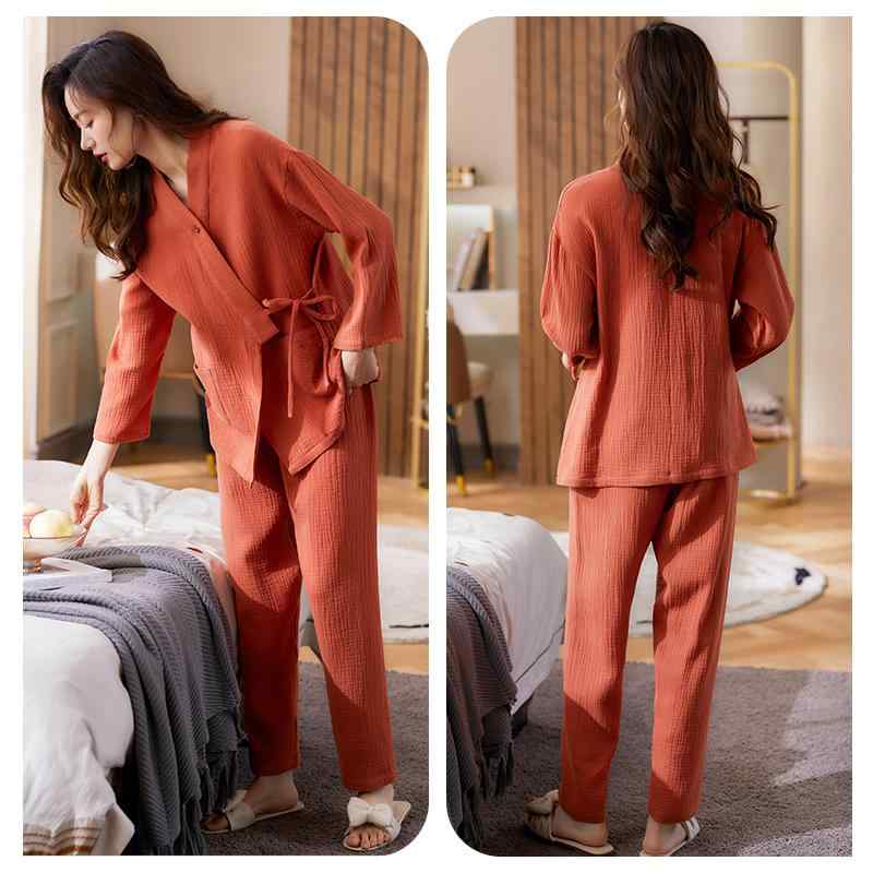 パジャマ レディース 上下セット 春秋 薄手 九分袖 ルームウェア 作務衣 ウエストゴム 吸湿性 通気性 母の日 プレゼント シンプル オレンジ
