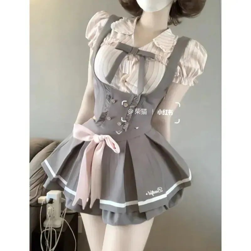 ボウタイブラウス 制服 ネイビー ワンピース JK コスチューム コスプレ コスチューム カレッジ ラッフルプリーツスカート ピンク