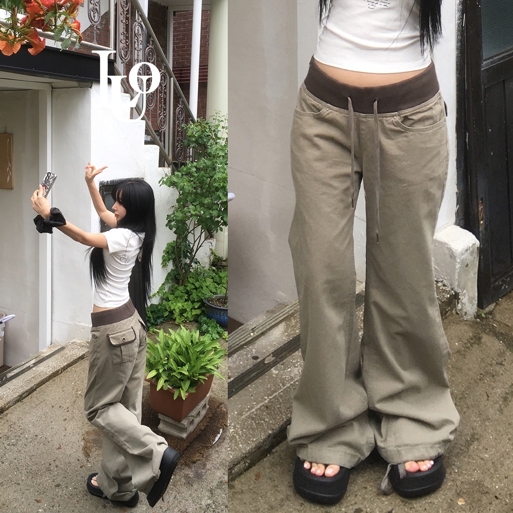 [ヒップムード/ ウエストバンディング! ] SML 配色 ローライズ y2k ロング ブーツカット パンツ