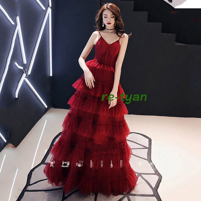 ウェディングドレス パーテイードレス 二次会 演奏会 披露宴 結婚式 発表会 ワインレッド ロングドレスフォーマルマキシ丈 ゲストドレス撮影 前撮り 後撮り