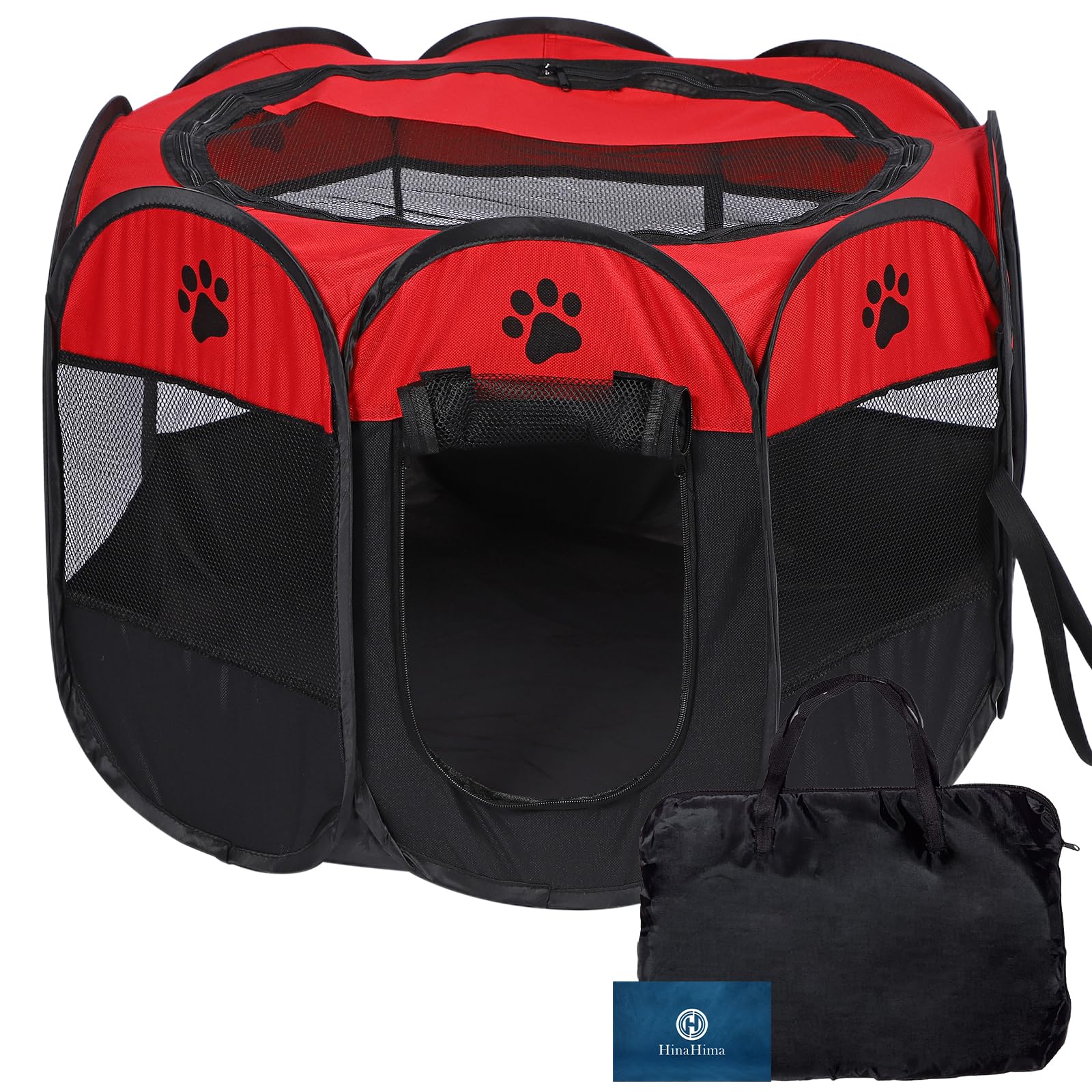 HinaHima 折りたたみ式 ペットサークル 収納バッグ付き 組み立て不要 猫 犬用 ケージ 幅74cm×高さ43cm (M, レッド)