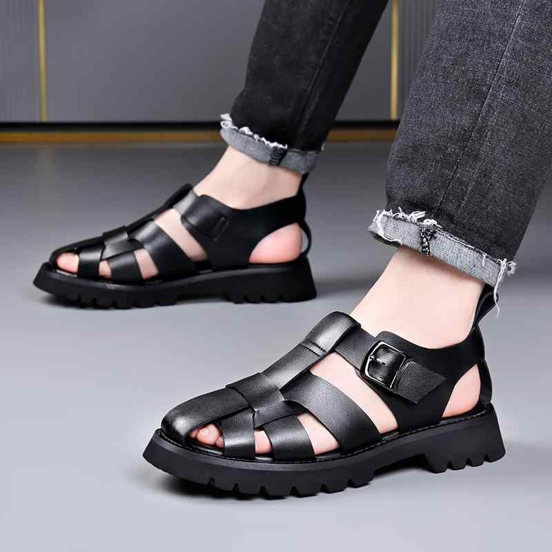 グルカサンダル メンズ 黒 本革 かっこいい ビジネスシューズ きれいめ スポーツサンダル ブラック 無地 編み込み 個性的 春夏 フォーマル シューズ 男性用 高級感 セレブ リラックス カットオフ