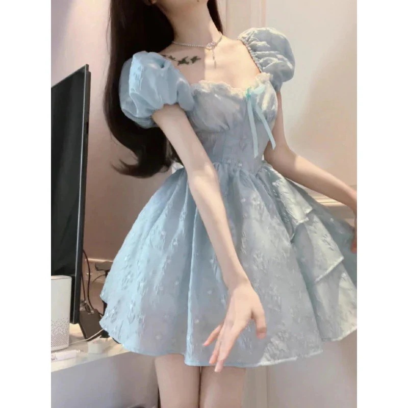 女性ためスウィートブルージャカードリボンドレス夏プチハイエンドプリンセスドレスチュチュスカート付き