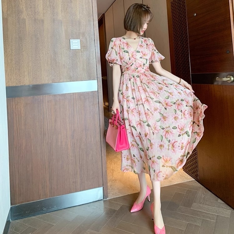 ワンピース レディース スカート ロング丈 フラワー 花 襟なし 袖あり 半袖 膝下 パフスリーブ バルーンスリーブ ハイウエスト シフォン 透け感 シースルー Aライン ウエストすっきり