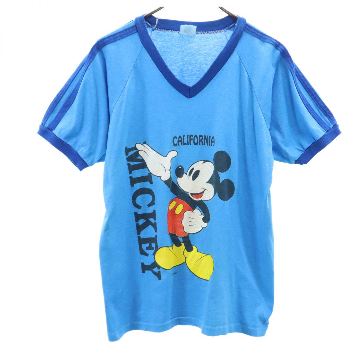 90s USA製 オールド リンガー 半袖 Vネック Tシャツ L 青系 ミッキーマウス メンズ