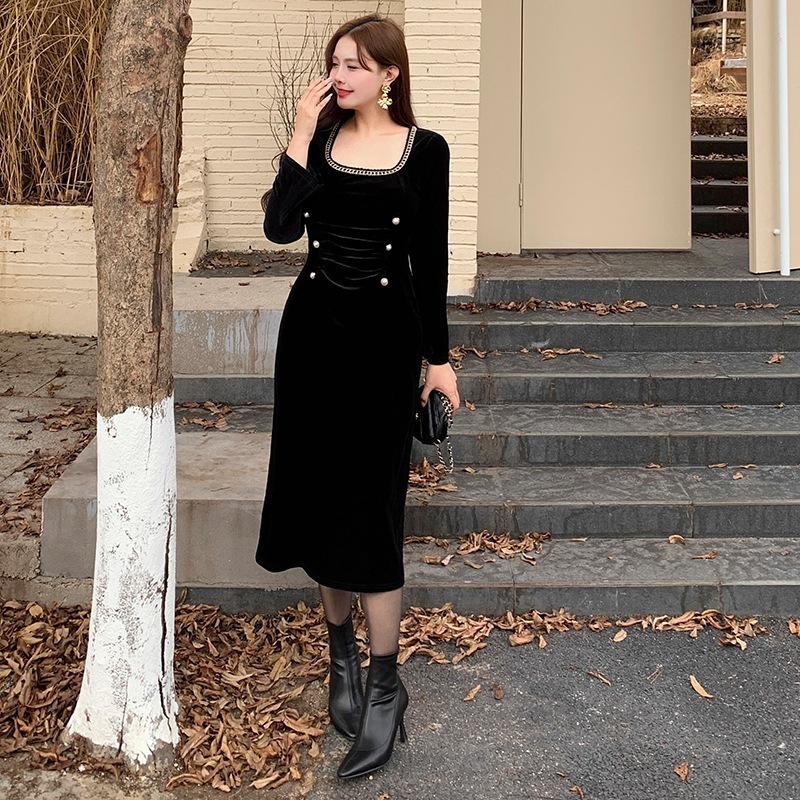 【ぽっちゃり】 大きいサイズ XL-5XL 新品フランス風 レトロ ベルベット ワンピース ブラック ロングワンピース フォーマル パーティー ドレス お呼ばれ 演奏会 成人式 同窓会 卒業式 キャバ