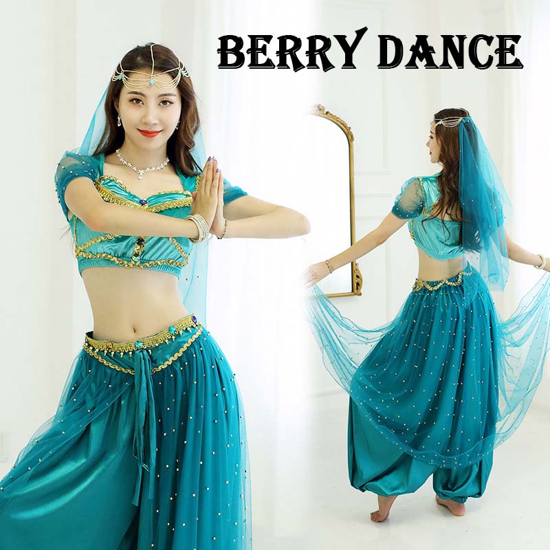 ベリーダンス 衣装 セット ベリー 衣装 コスチューム ハロウィン コスプレ アラビアン仮装 パーティー アラビアン衣装 余興用 レッスン着 ライトブルー　ジャスミン風　アラジン　ステージ衣装