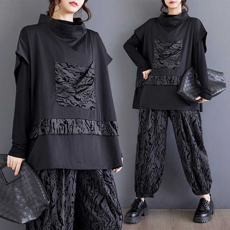 「ファットガール」 2025秋新品 上下セット スタンド襟 半袖＋サルエルパンツ 体型カバー レディース セットアップ メガ割