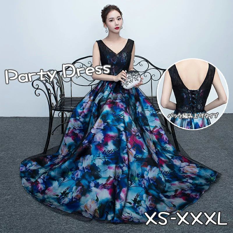ロングドレス WILLS 演奏会 花柄 ドレス ウェディング パーティードレス ピアノ ネイビー 50代 編み上げ 20代 ブライダル 40代 30代 発表会 パーティー THOM 結婚式 Vネック