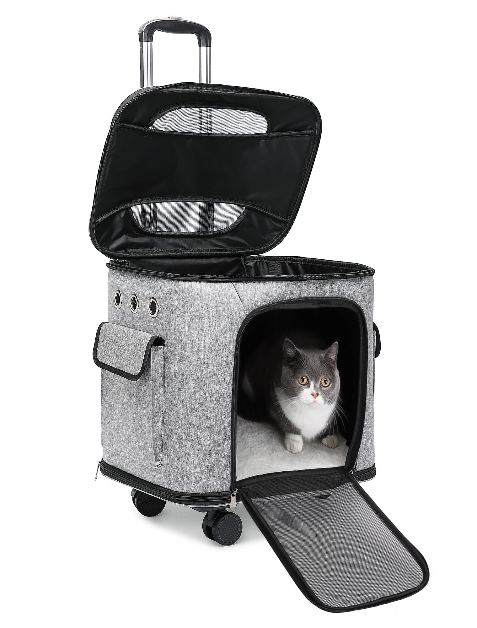 CHINSUKIDA 猫 キャリー キャスター付き 小型犬 キャリーカート 2way ペットキャリーバッグ 犬用ソフトクレート 折りたたみ可 マット付き 散歩 通院用 (グレー)