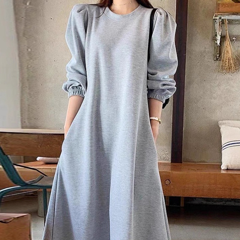 スウェット フレア ワンピース パフスリーブ ロング丈 ポケット付き 2XL 3XL 韓国 レディース オルチャン 可愛い シンプル 個性的 大人 かっこいい きれいめ 高級感 高見え