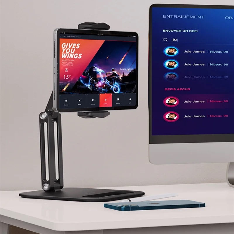 IPad,アーム,アルミニウム合金,タブレットスタンド,人間工学に基づいた回転式電話クランプ用の調整可能な折りたたみスタンド