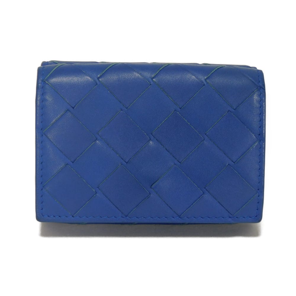 【中古】BOTTEGAVENETA 三つ折り財布 カーフ ブルー RFID ICチップ タイニー ウォレット マキシ イントレチャート 667036 VCPQ4 4256