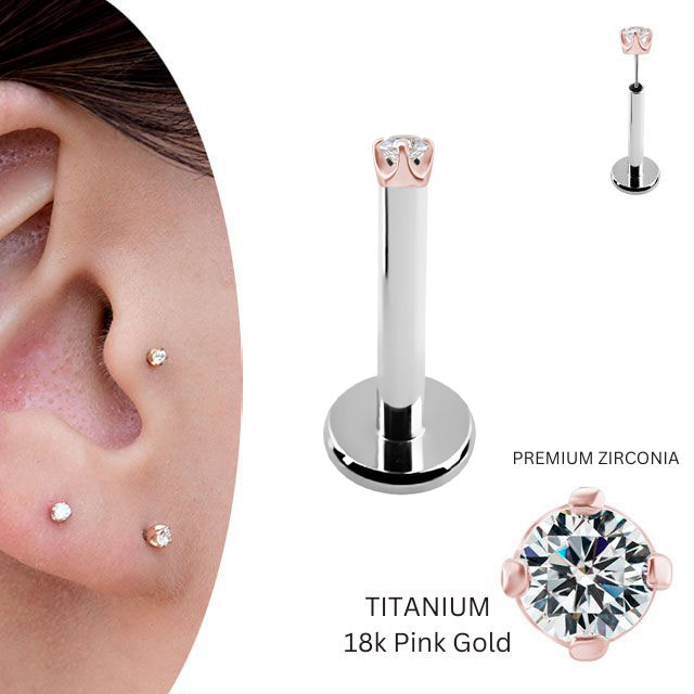 18金 ピンクゴールド 1.5mm 立爪 プッシュピアス 20g 18g 16g 14g 18Kゴールド チタンピアス 金属アレルギー対応 ラブレットスタッド ボディピアス ロブ 軟骨ピアス
