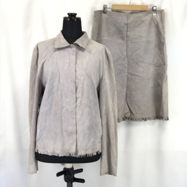 ドイツ名門/AIGNER/アイグナー本革/レザージャケット＆ミニスカート/上下セットアップ【Womens size-L/40/グレー】トルコ製BH105