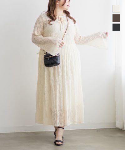 大きいサイズ レディース LL 3L 4L XL XXL XXXL CLETTEオリジナルロング丈シアーレースワンピース