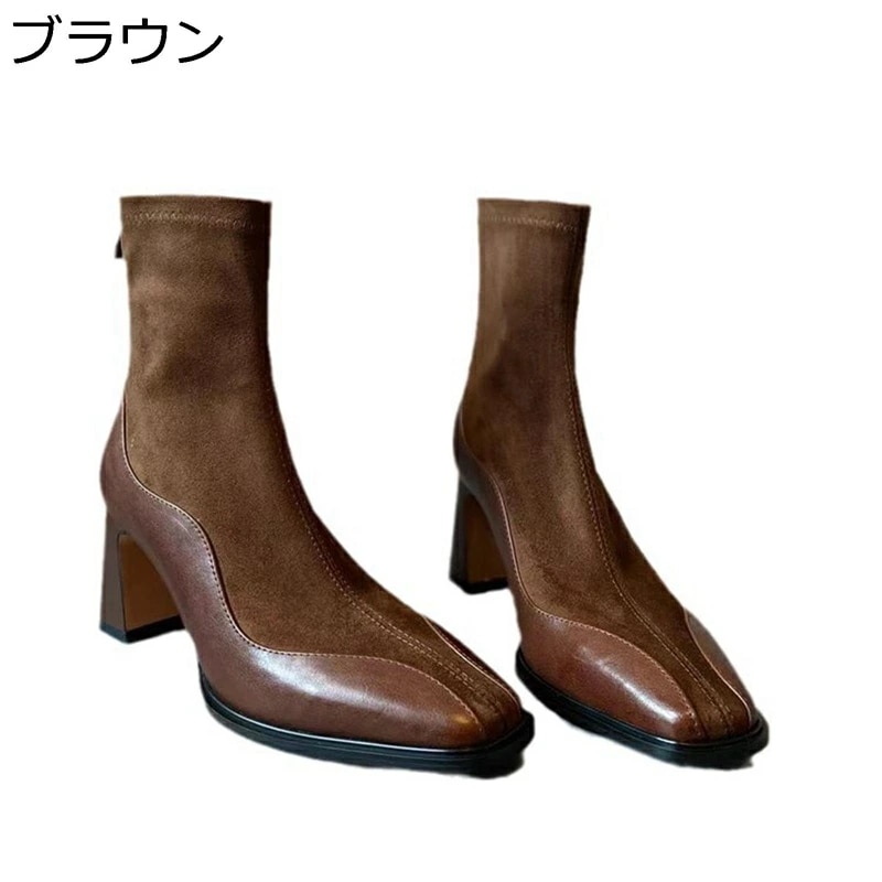 ショートブーツ スエード レディース ブーティ ハイヒール7cm スクエアトゥ 切り替え 秋冬靴 コンフォート カジュアル ファッション 細見え 歩きやすい 女子力 軽い 宴会 デート 外出 通勤