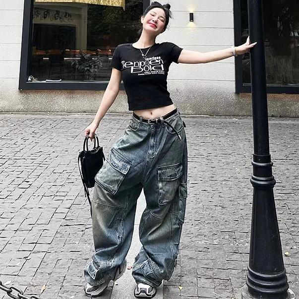 カーゴ デニム パンツ ポケット 韓国 ファッション ストリート系 Y2K グランジ ダンス 衣装 K-POP ヒップホップ レディース 8J-108