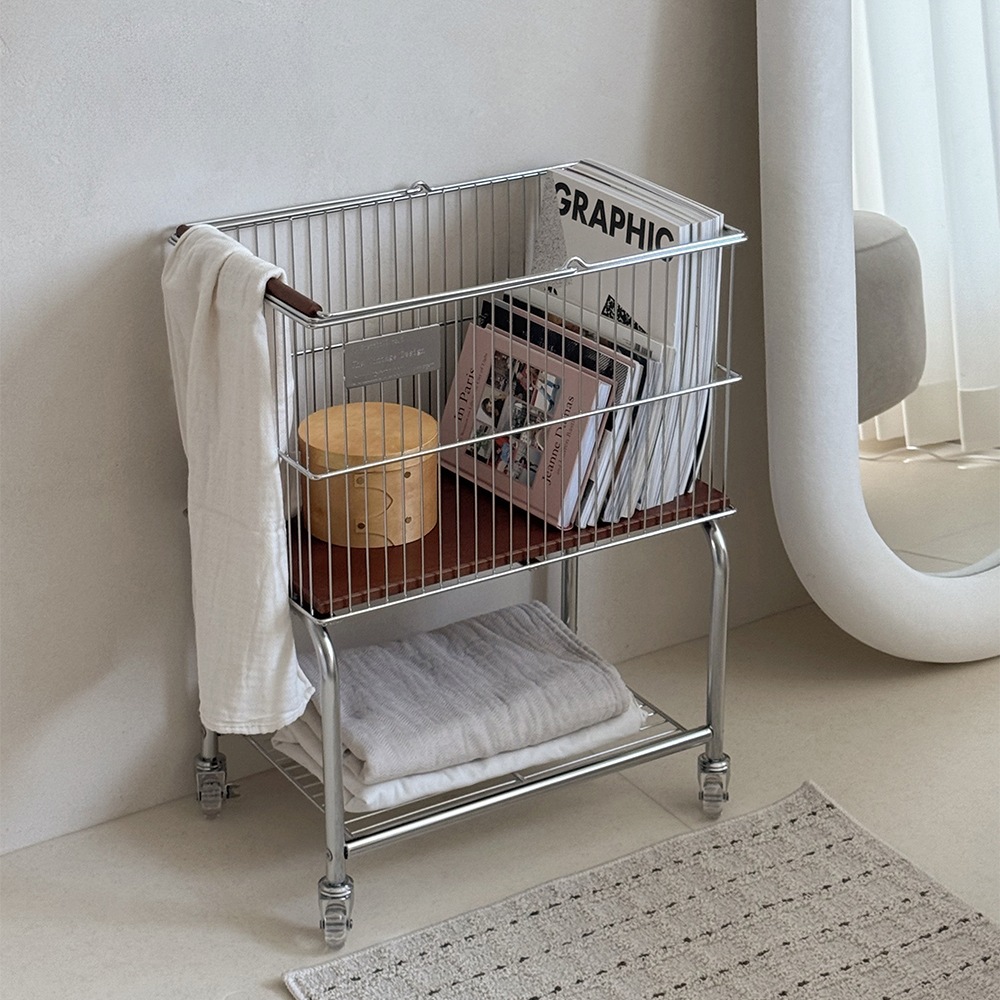 オールディーハンドルトロリー 韓国インテリア 洗濯かご 車輪付き 収納 ブラウン ゴムの木 49.5×30×65cm