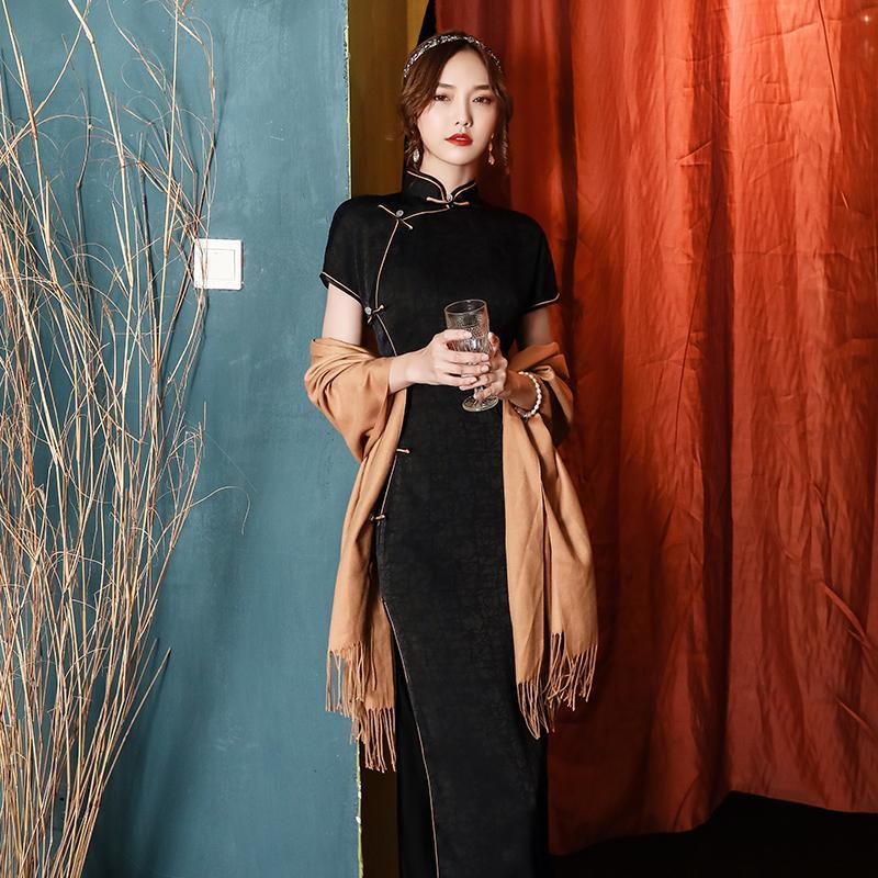 黒旧上海チャイナドレス2025 新作春夏改良ロングレトロ漢服感