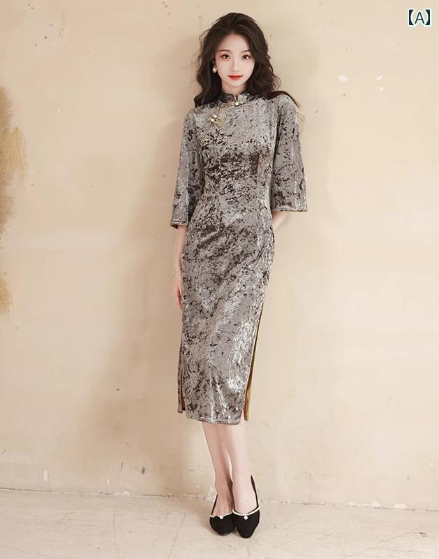 チャイナドレス ワンピース レディース フォーマル パーティー おしゃれ 夏 ベルベット レトロ シンプル グレー