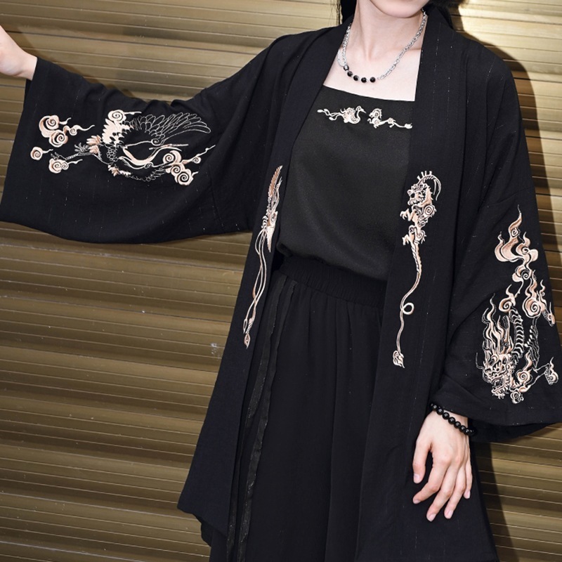 チャイナ風トップス 鶴 麒麟 刺繍 カーディガン 黒 薄手 夏 ゆったり レディース 羽織り シャツ