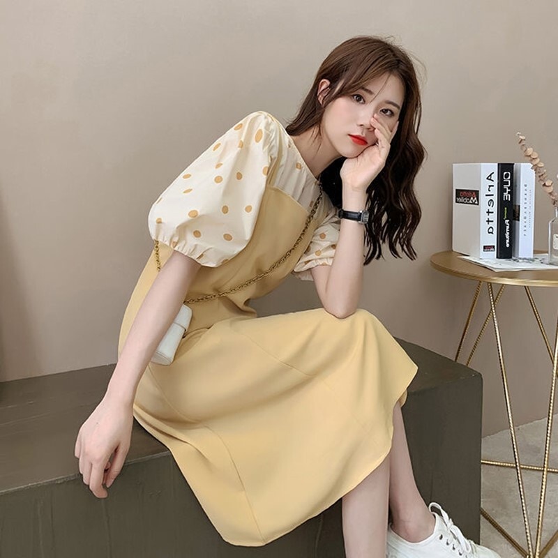 レディース セットアップ トップス + 吊りスカート 全2色展開 黒 黄色 水玉