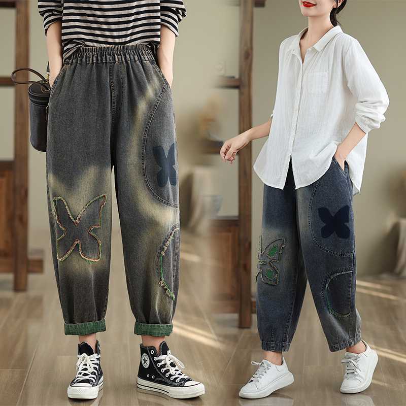 「ファットガール」 2024秋新品 デニムパンツ ロングワンピース 九分丈 蝶柄 ゴム 大きいサイズ 体型カバー レディース メガ割30%までに制限