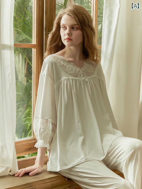 パジャマ レディース 宮殿風 春夏 レーシーフリル シフォン 上下セット リボン 透け感 七分袖 ルーム ナイト ホームウェア ガーリー かわいい