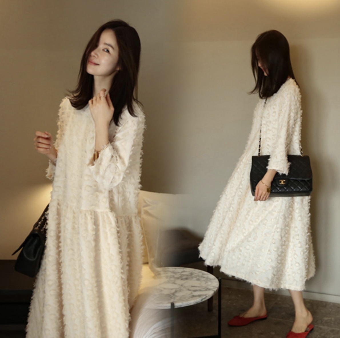 フリンジ ワンピース ロング ロング丈 長袖 ラウンドネック Aライン シンプル 大人 上品 おしゃれ 大人可愛い 大人女子 きれいめ エレガント キュート ガーリー 個性的 無地 秋 冬 秋冬