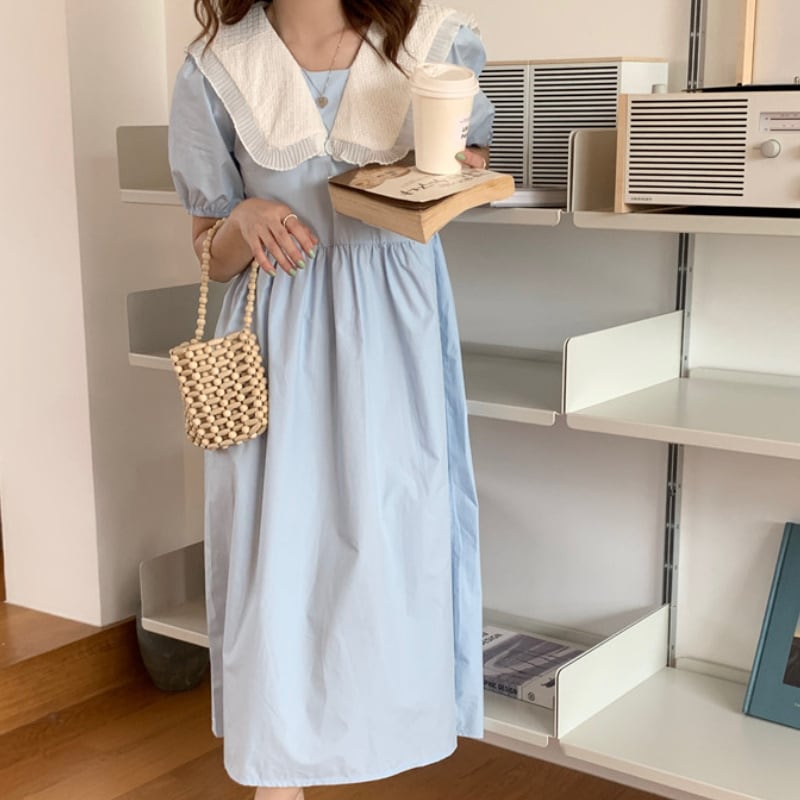 2color レディース ワンピース 襟ブルー オレンジ 大人可愛い きれいめ 大人 上品半袖ロング・マキシ丈ワンピ