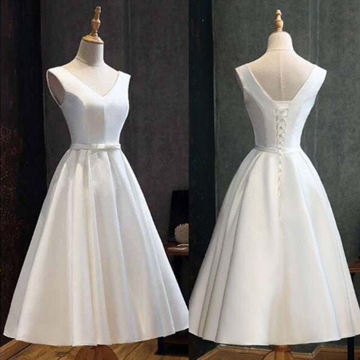 ミニ丈 ミモレ丈 ウェディグドレス 二次会 花嫁 パーティドレス 結婚式 白 ワンピース 演奏会 大